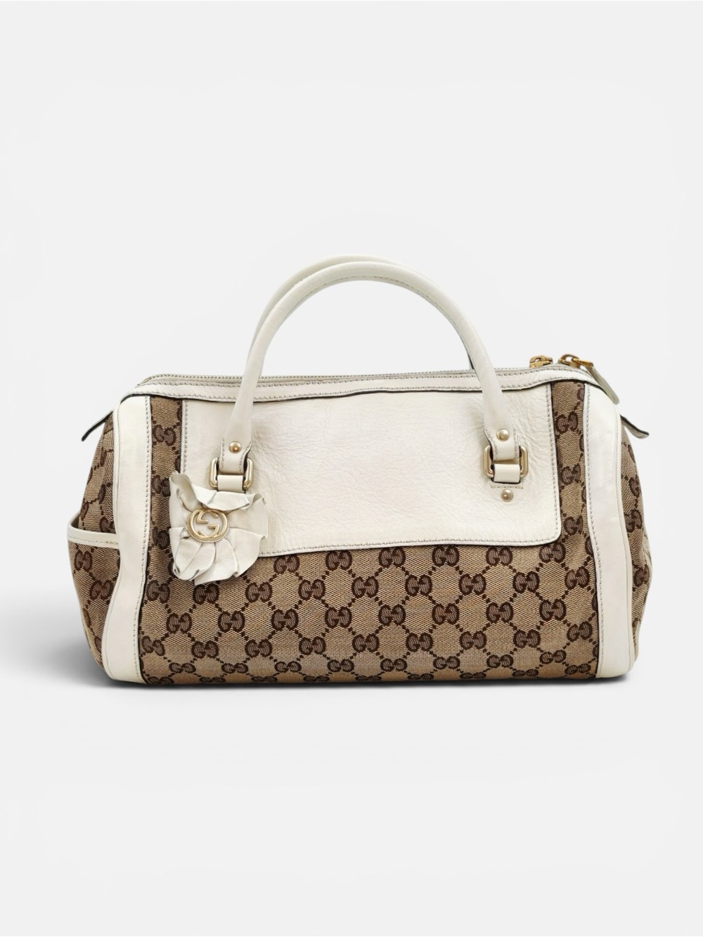 Gucci GG Canvas White Leather Bow Small Boston Satchel Handbag